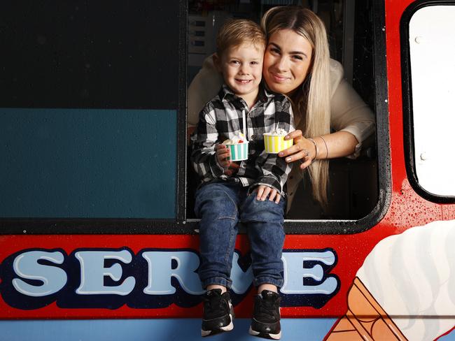 Lissy Brown with son Noah, 4, and their new Ice Cream Planet van, which will be serving treats on the streets of Hobart this summer. Picture: Nikki Davis-Jones