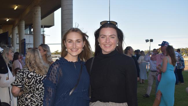 Rhiannon and Isabella at the Roma Rugby Races at Bassett Park on Saturday June 24, 2023. Picture: Chloe Cufflin.
