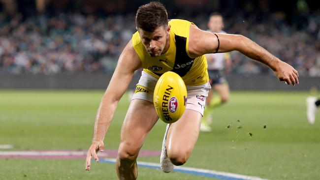Trent Cotchin’s manning of the mark in 2020 was noted by the AFL. Picture: Getty Images