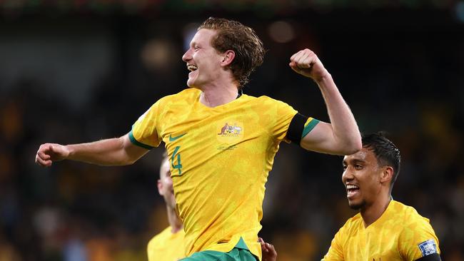 Kye Rowles hopes to celebrate with the Socceroos on the Gold Coast on Thursday night. Picture: Cameron Spencer/Getty Images