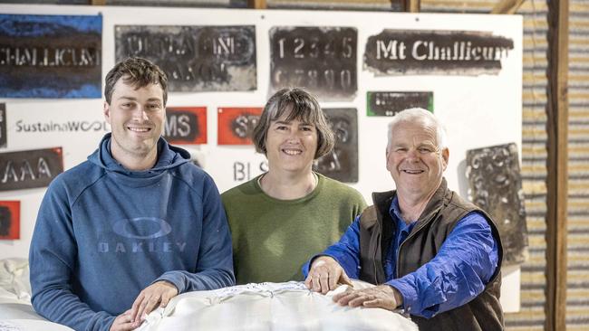 Chris, Kim and Phil Hartwich in their shearing shed. Picture: Zoe Phillips