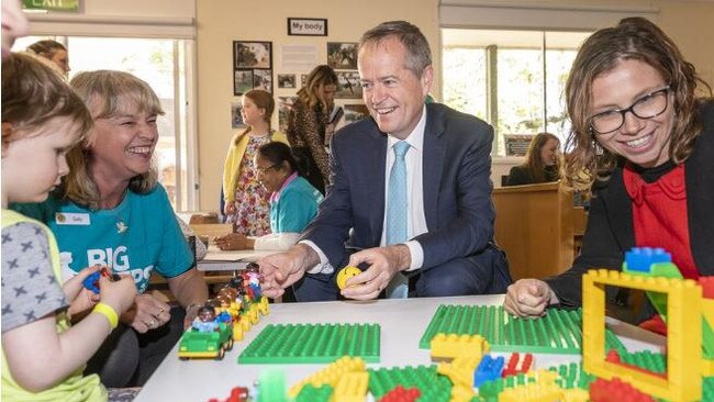 Opposition Leader Bill Shorten and Labor’s early childhood education spokeswoman Amanda Rishworth meet children and staff at the Deakin &amp; Community Childcare Co-operative in Burwood, Melbourne, last week. Picture: AAP Image/Daniel Pockett