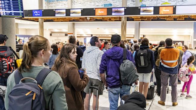 Jetstar check-in at Brisbane Airport after the CrowdStrike global IT outage on Saturday. Picture: Richard Walker