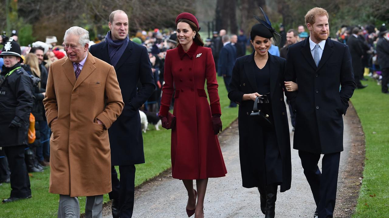 Prince Charles, William, Catherine, Meghan and Harry, on Christmas Day 2018. Meghan and Harry have since ‘broken up’ with the royal family. Picture: Paul Ellis/AFP