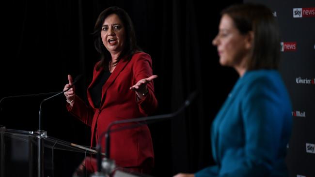 Queensland Premier Annastacia Palaszczuk (left) and opposition Leader Deb Frecklington engage in a debate during the Sky News - Courier Mail People's Forum at the Broncos Leagues club in Brisbane, ahead of the October 31 state election. Picture: NCA NewsWire / Dan Peled