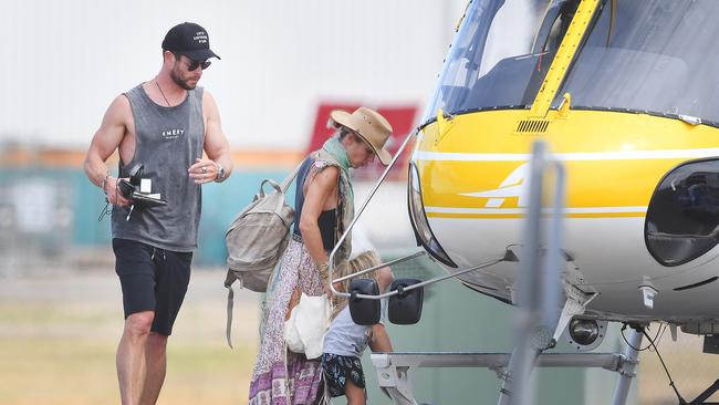 Chris Hemsworth arrives at Adelaide Airport in a private jet with wife Elsa Pataky and his children — and departs in a helicopter. Picture: Mark Brake