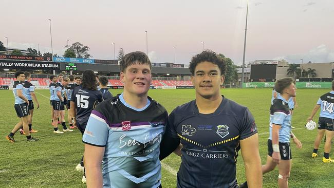 Opposition front rowers Cooper Clarke (Caloundra SHS) and Elijah Keung (Mabel Park) after their Langer Trophy clash. The pair are the Queensland Schoolboys starting front-rowers. Picture: Andrew Dawson