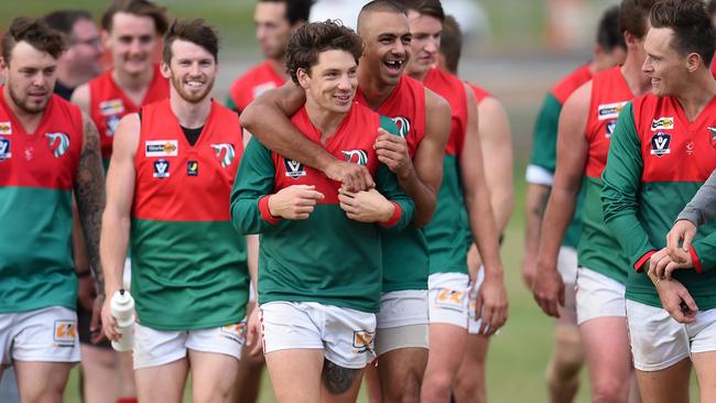 It was all smiles after a tense win for Pines on Saturday. Picture: Jason Sammon.