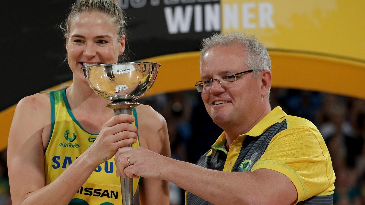 Prime Minister Scott Morrison attended the Constellation Cup at RAC Arena in Perth on Sunday. Picture: AAP Image/Richard Wainwright.