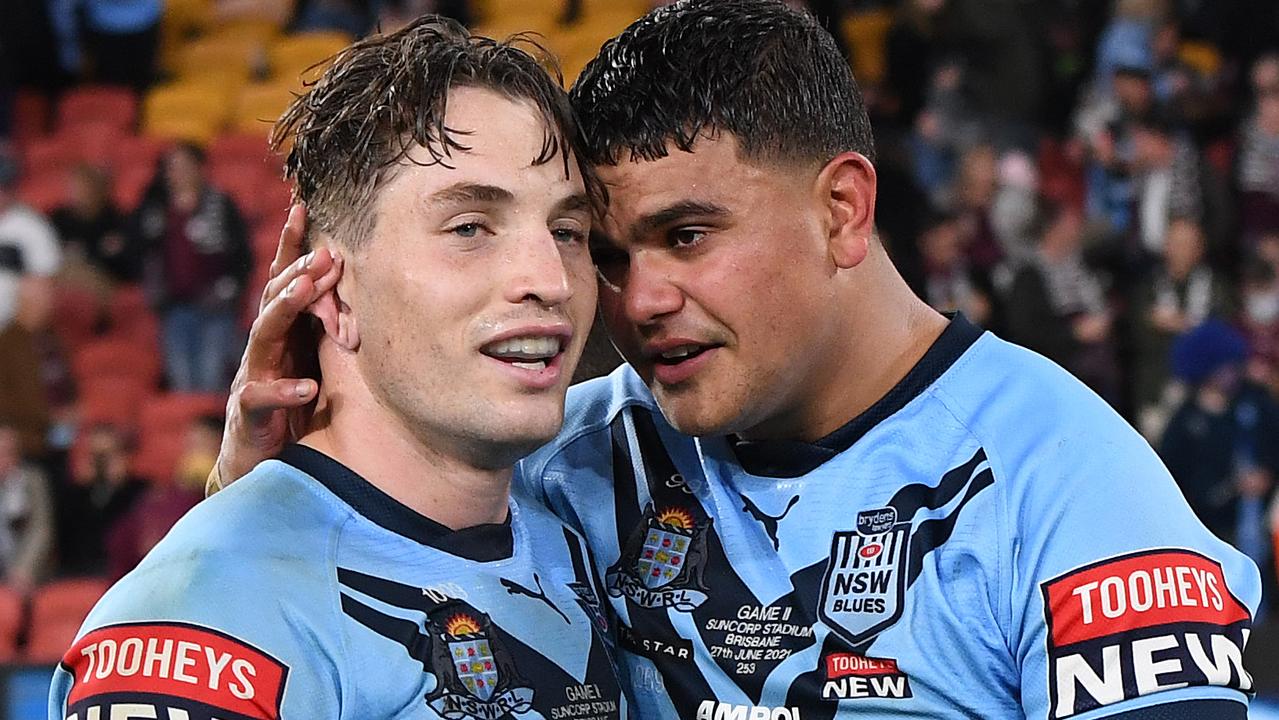 BRISBANE, AUSTRALIA - JUNE 27: Cameron Murray of the Blues and Latrell Mitchell of the Blues celebrate after winning game two of the 2021 State of Origin series between the Queensland Maroons and the New South Wales Blues at Suncorp Stadium on June 27, 2021 in Brisbane, Australia. (Photo by Bradley Kanaris/Getty Images)