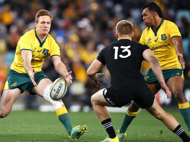 SYDNEY, AUSTRALIA - AUGUST 18: Dane Haylett-Petty of the Wallabies drops the ball during The Rugby Championship Bledisloe Cup match between the Australian Wallabies and the New Zealand All Blacks at ANZ Stadium on August 18, 2018 in Sydney, Australia. (Photo by Mark Kolbe/Getty Images)