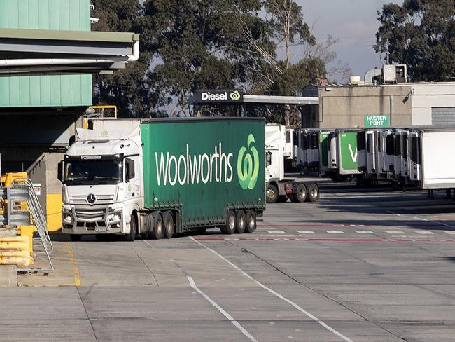 Trucks enter the Woolworths distribution centre in Mulgrave. Picture: NCA NewsWire / David Geraghty