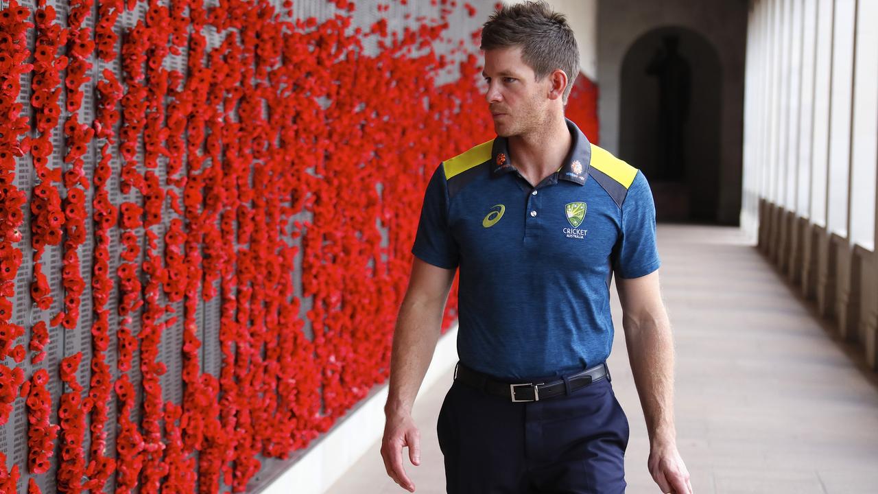 Australian captain Tim Paine walks along the Roll of Honour during a team visit to the Australian War Memorial in Canberra. 