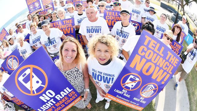 Rachael Bermingham and Michelle Young pictured at a Beach Matters rally against light rail and high rise development. Picture: Patrick Woods