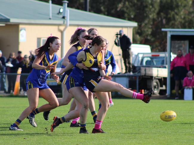 SFLW Community League - Action from Sorell v St Virgils during the annual Pink Sock-Carolyn Birch Memorial Match. Picture: Jake Garland