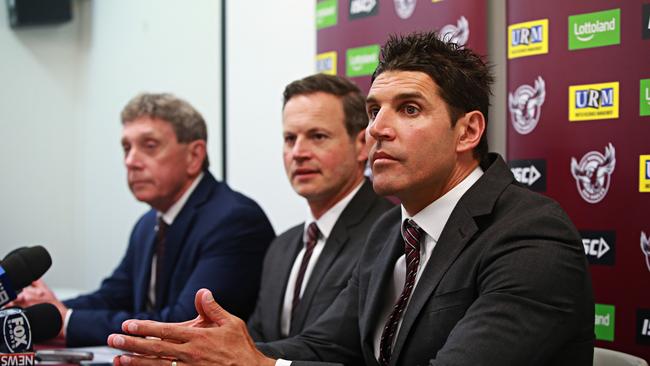 Sea Eagles CEO Lyall Gorman, club chairman Scott Penn and coach Trent Barrett. There is no suggestion anyone pictured was involved in match-fixing or salary cap rorts.