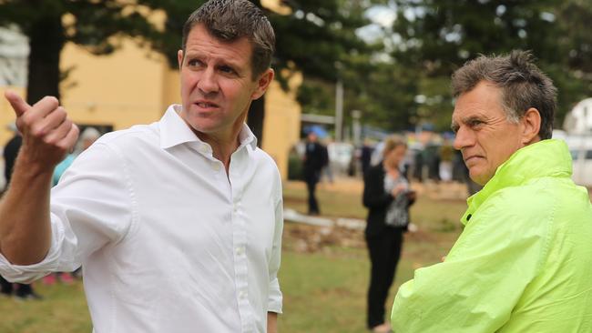 Premier Mike Baird meets with Gary Silk whose property was damaged, The Collaroy beach front has gone taking with it property's and possessions, this happened last night during the storms. pic John Grainger