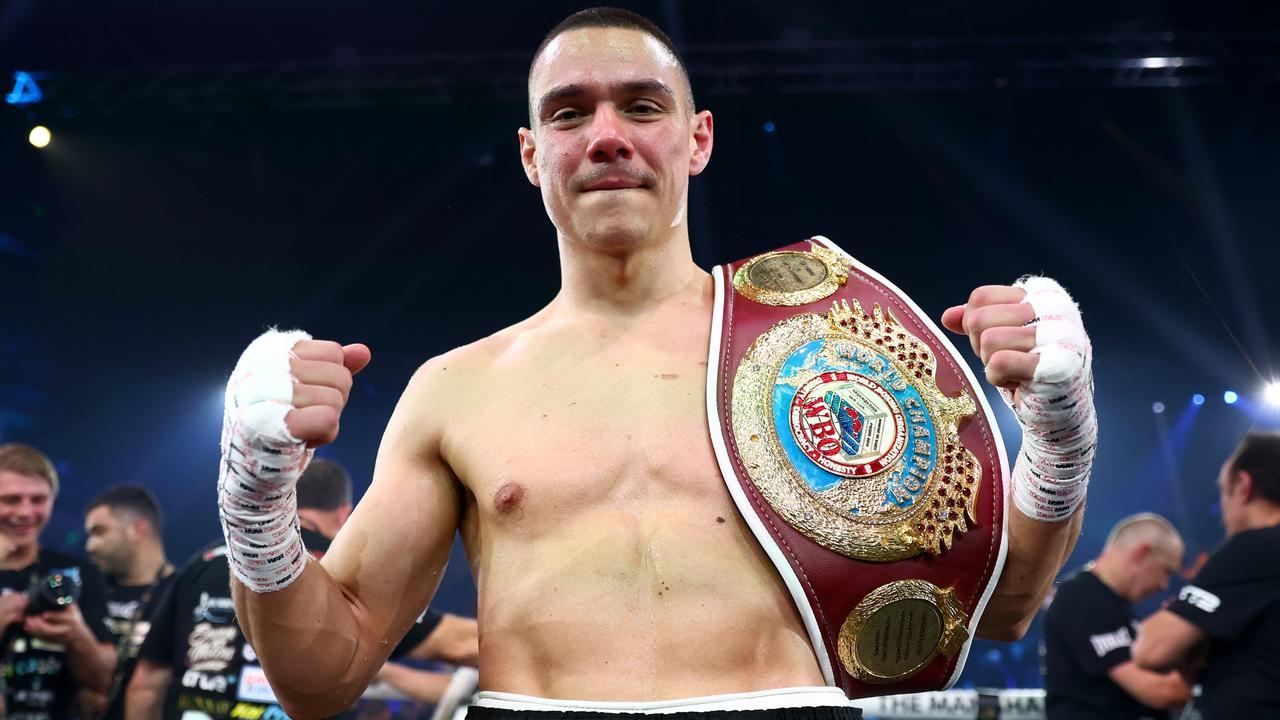 GOLD COAST, AUSTRALIA - JUNE 18: Tim Tszyu celebrates victory over Carlos Ocampo during the WBO Iterim Super-Welterwight title bout at Gold Coast Convention and Entertainment Centre on June 18, 2023 in Gold Coast, Australia. (Photo by Chris Hyde/Getty Images)