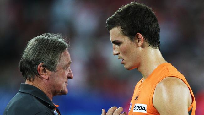 GWS coach Kevin Sheedy and captain Phil Davis in 2012.