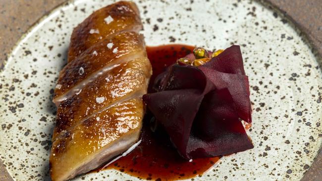 Khahki Campbell duck with beetroot ribbons. Picture: Wayne Taylor