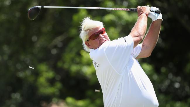 THE WOODLANDS, TEXAS - MAY 04: John Daly plays a tee shot on the 10th hole during round two of the Insperity Invitational at The Woodlands Country Club on May 04, 2019 in The Woodlands, Texas.   Christian Petersen/Getty Images/AFP == FOR NEWSPAPERS, INTERNET, TELCOS & TELEVISION USE ONLY ==