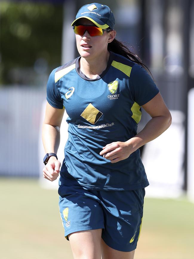 Megan Schutt runs around Adelaide’s Karen Rolton Oval at the beginning of Australia’s training session on Tuesday. Picture: Sarah Reed