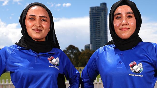 MELBOURNE, AUSTRALIA - JANUARY 27: Firoza Amiri and Nahida Sapan of the Afghanistan XI pose during a media opportunity with the Afghanistan XI ahead of the Afghanistan XI v Cricket Without Borders XI Cricket Game at Junction Oval on January 27, 2025 in Melbourne, Australia. (Photo by Morgan Hancock/Getty Images for Cricket Australia)