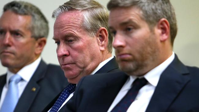 Right to left: Regional Development Minister Terry Redman, WA Premier Colin Barnett and Nationals leader Brendon Grylls at announcement on sale of Western Power. Picture: Colin Murty
