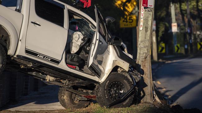 The bullbar has slammed back into the car after initial impact with the power. Picture: Gordon McComiskie