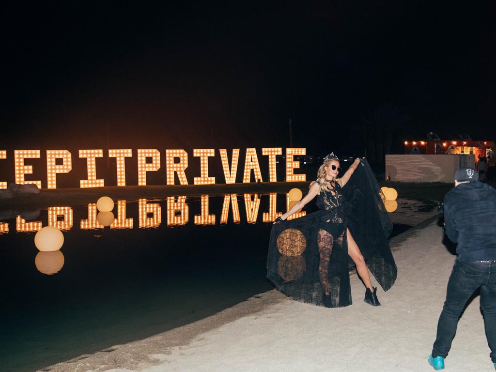 Keep it private? Paris Hilton poses outside 1OAK’s Coachella closing party. Picture: Nana Judy