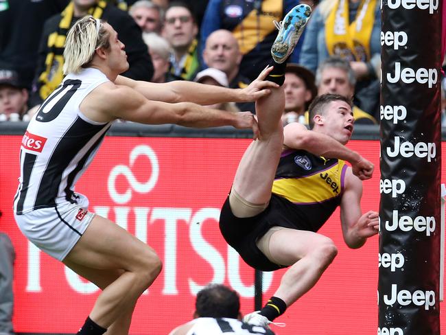 Jack Higgins kicks his incredible Goal of the Year against Collingwood. Picture: Michael Klein