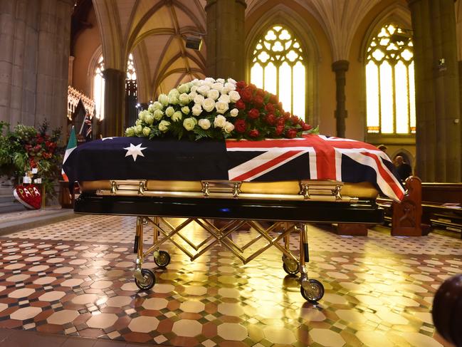 Sisto’s coffin draped in an Australian flag at St Patrick’s Cathedral. Picture: Jay Town