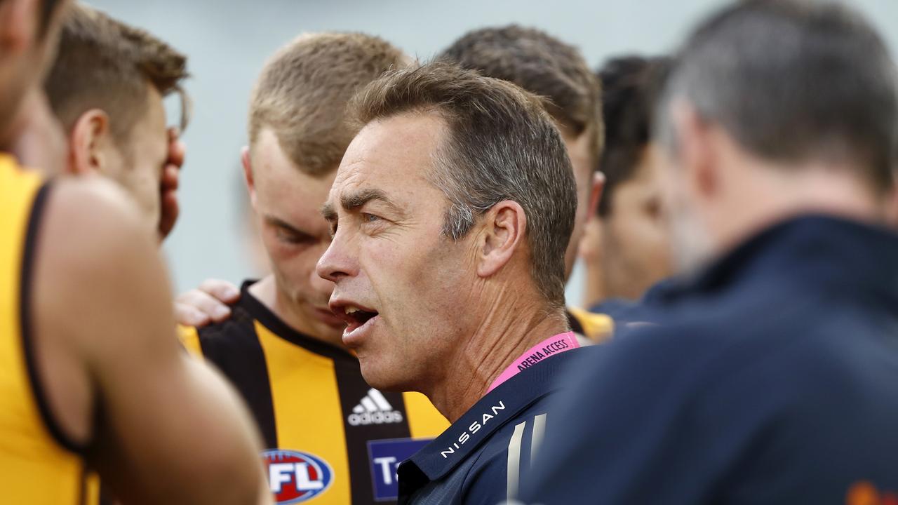 Alastair Clarkson speaks to his players during hawthorn’s heavy Round 8 loss to the West Coast Eagles at the MCG. Picture: Dylan Burns/AFL Photos via Getty Images