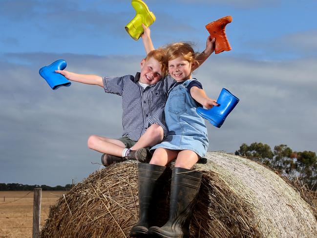 Jake Toohey, 6, and his sister Isabel Toohey, 8, from Pt Lonsdale practising for the Gum Boot toss competition before the 2019 Bellarine Show. Picture: Glenn Ferguson