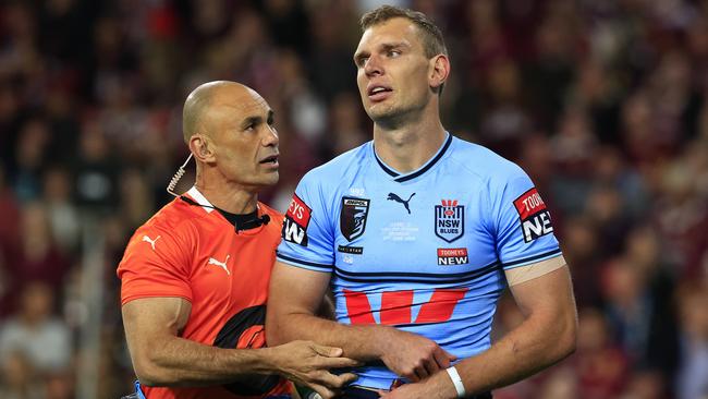 Tom Trbojevic injured during Game 2 of the State of Origin 2023, Queensland V NSW at Suncorp Stadium in Brisbane. Pics Adam Head