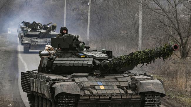 Ukrainian T64 tanks move towards Bakhmut. Picture: AFP