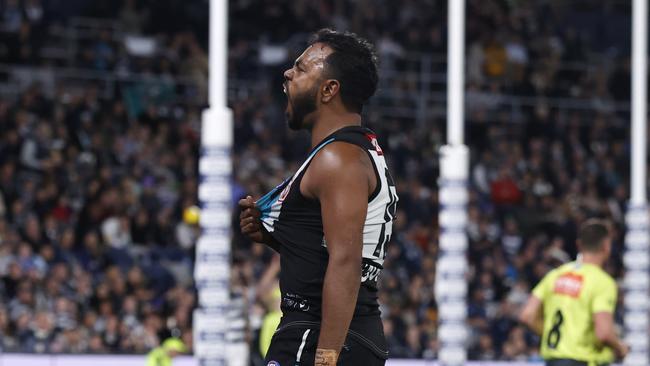 Willie Rioli of the Power celebrates a goal. (Photo by Darrian Traynor/Getty Images)