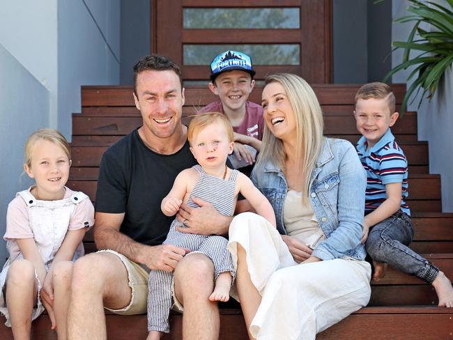 SUNDAY TELEGRAPH - Pictured at home in Glenbrook today is retiring Penrith player James Maloney with his wife Jess and their kids Kade 9, Layla 7, Ethan 5 and Jesse 1. Picture: Tim Hunter.