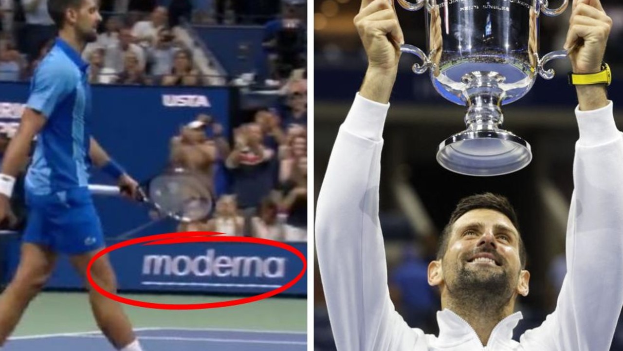 The principal sponsor highlighted during the final (left) and Novak Djokovic lifting the trophy for his latest US Open victory. Photos: Twitter and AFP