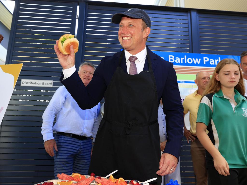 Premier Steven Miles in Cairns on Friday promoting his free school lunch pledge. Picture: Adam Head