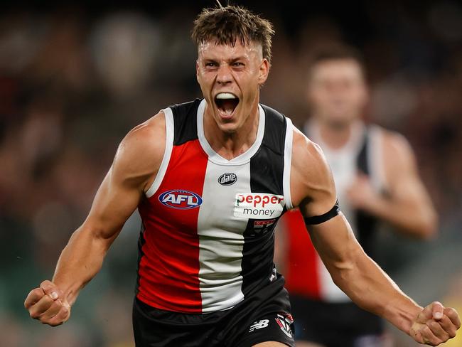 MELBOURNE, AUSTRALIA - MARCH 18: Jack Hayes of the Saints celebrates a goal during the 2022 AFL Round 01 match between the St Kilda Saints and the Collingwood Magpies at Marvel Stadium on March 18, 2022 In Melbourne, Australia. (Photo by Michael Willson/AFL Photos via Getty Images)