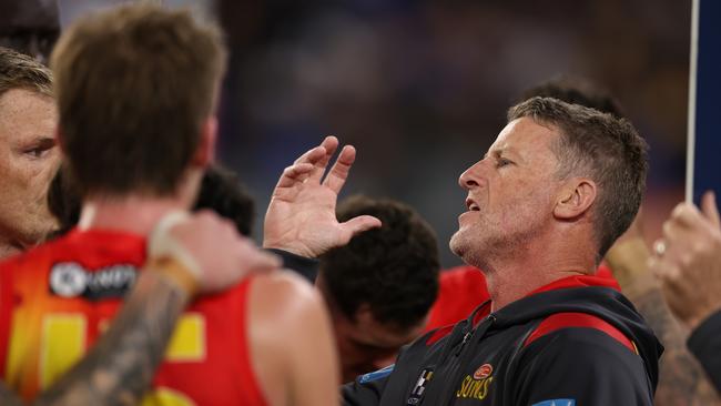 PERTH, AUSTRALIA – AUG 03: Damien Hardwick, Senior Coach of the Suns addresses the team at three quarter time break during the 2024 AFL Round 21 match between the West Coast Eagles and the Gold Coast SUNS at Optus Stadium on August 03, 2024 in Perth, Australia. (Photo by Will Russell/AFL Photos via Getty Images)