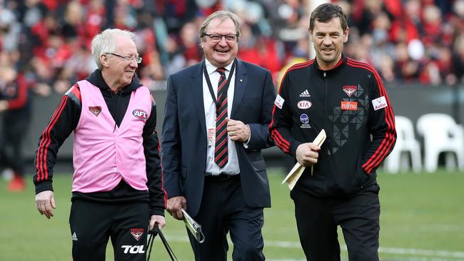 Dr Bruce Reid, Kevin Sheedy and Mark Harvey in 2016. Picture: George Salpigtidis