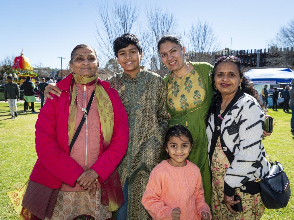 At Toowoomba's Festival of Chariots are (from left) Divya Nayak, Zac Rana, Darshana Nayak, Bhakti Barot (front) and Alka Barot, Saturday, July 20, 2024. Picture: Kevin Farmer