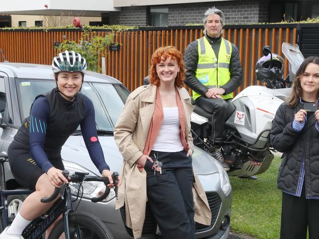 L to R- On bicycle, Julia Arnold, driving, Grace Baldwin, motorbike Robert Chrisomalidis and catching train, Daisy Henry. Commuter challenge from Hampton train station to Southbank. Wednesday, September 27, 2023. Picture: David Crosling