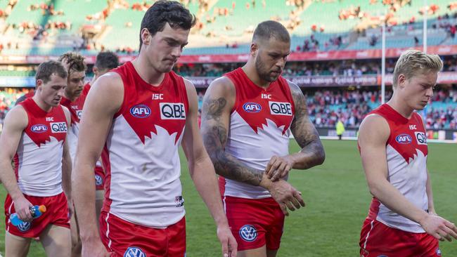 Dejected Swans leave the SCG. Picture: AAP Images