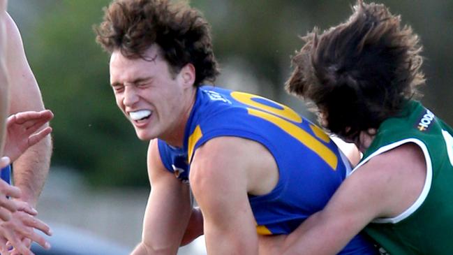 North Shore’s Noah Lever, tackled in a game, is one of the Geelong Football League’s best players. Picture: Mark Wilson