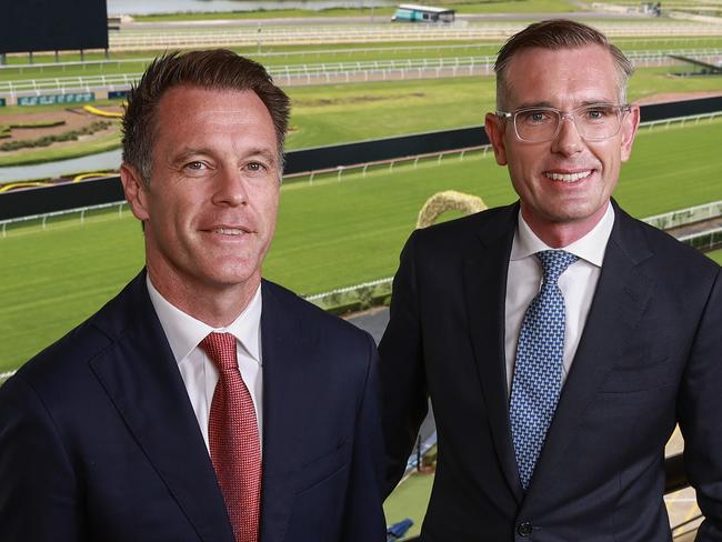 Daily Telegraph. 02, March, 2023.Labor leader Chris Minns and NSW Premier, Dominic Perrottet, at The Daily Telegraph's Future Western Sydney 2023 lunch, at Rosehill Gardens, today.Picture: Justin Lloyd.