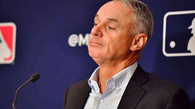 ORLANDO, FLORIDA - FEBRUARY 10: Major League Baseball Commissioner Rob Manfred answers questions during an MLB owner's meeting at the Waldorf Astoria on February 10, 2022 in Orlando, Florida. Manfred addressed the ongoing lockout of players, which owners put in place after the league's collective bargaining agreement ended on December 1, 2021. (Photo by Julio Aguilar/Getty Images)