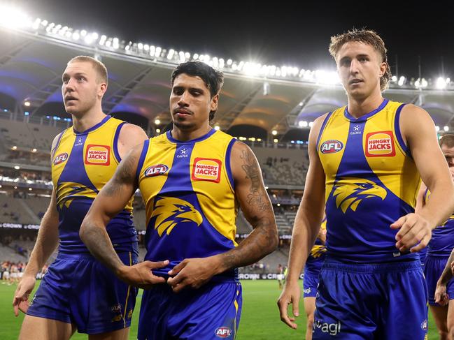 PERTH, AUSTRALIA - MAY 03: Oscar Allen, Tim Kelly & Bo Allan of the Eagles leave the field during the 2025 AFL Round 08 match between the West Coast Eagles and the Melbourne Demons at Optus Stadium on May 3, 2025 in Perth, Australia. (Photo by Janelle St Pierre/AFL Photos via Getty Images)